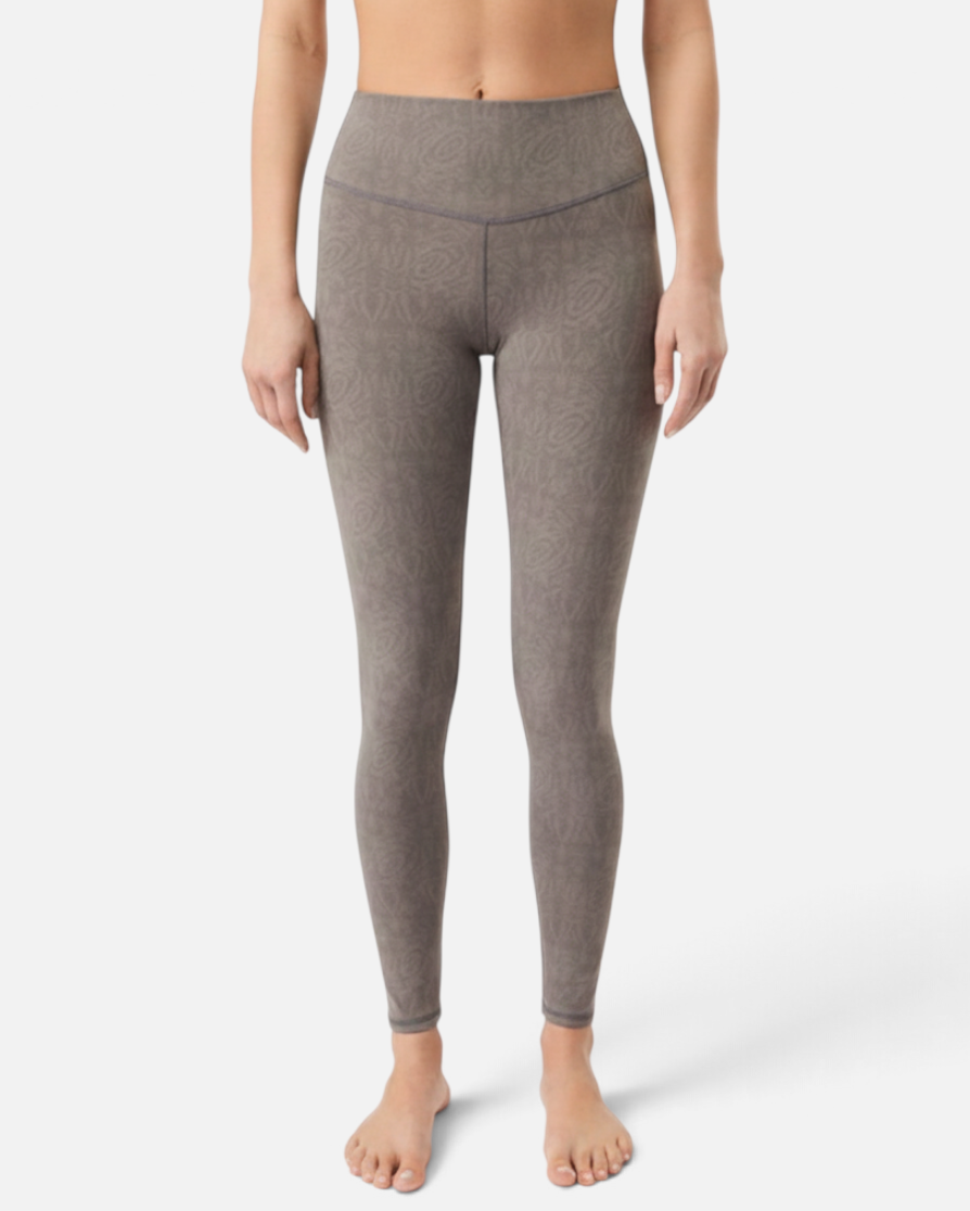 greenyogashop graue, hoch geschnittene Leggings mit Ton-in-Ton Monoprint aus recyceltem Polyester und Elastan