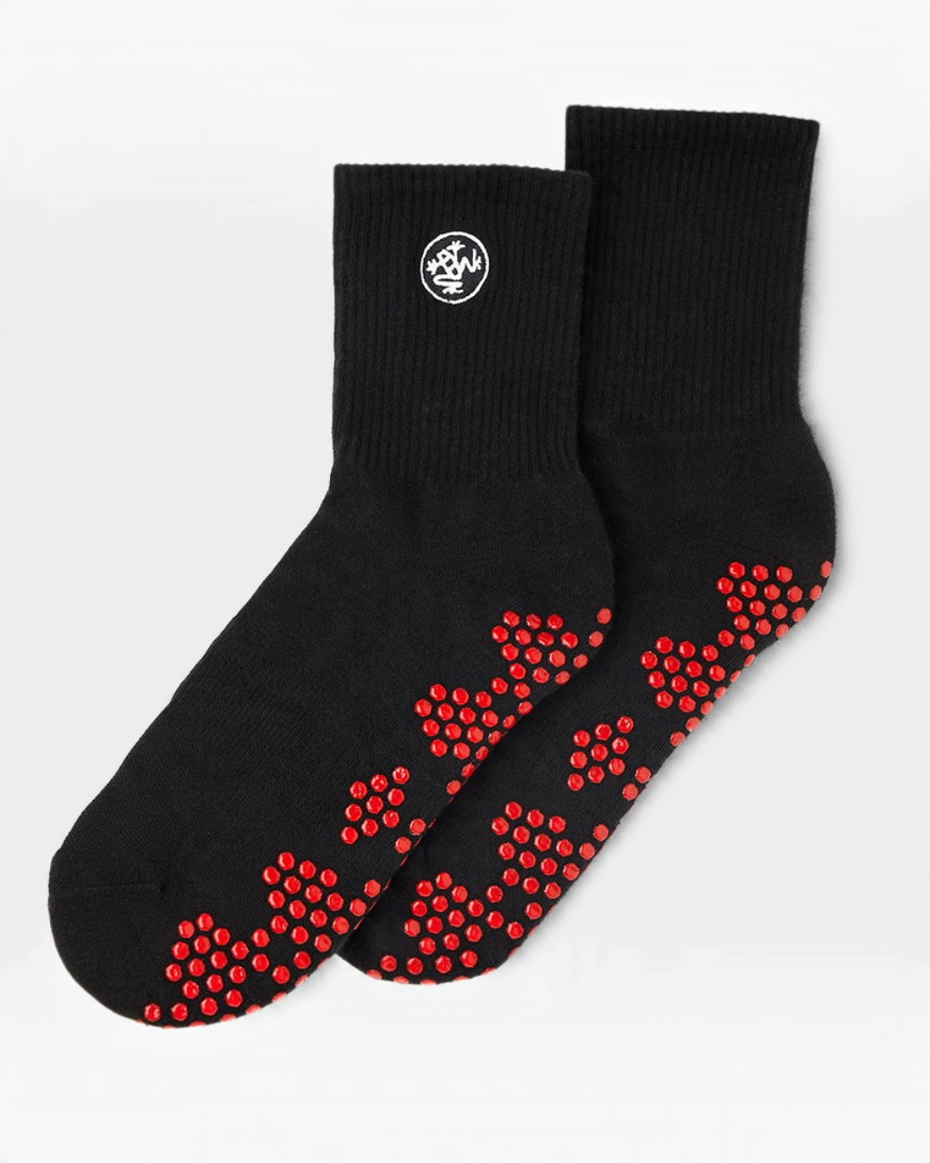 greenyogashop Equilibria Pilates Half-Crew-Socken in Schwarz mit rotem Silikon-Grip und Frosch-Logo am Schaft
