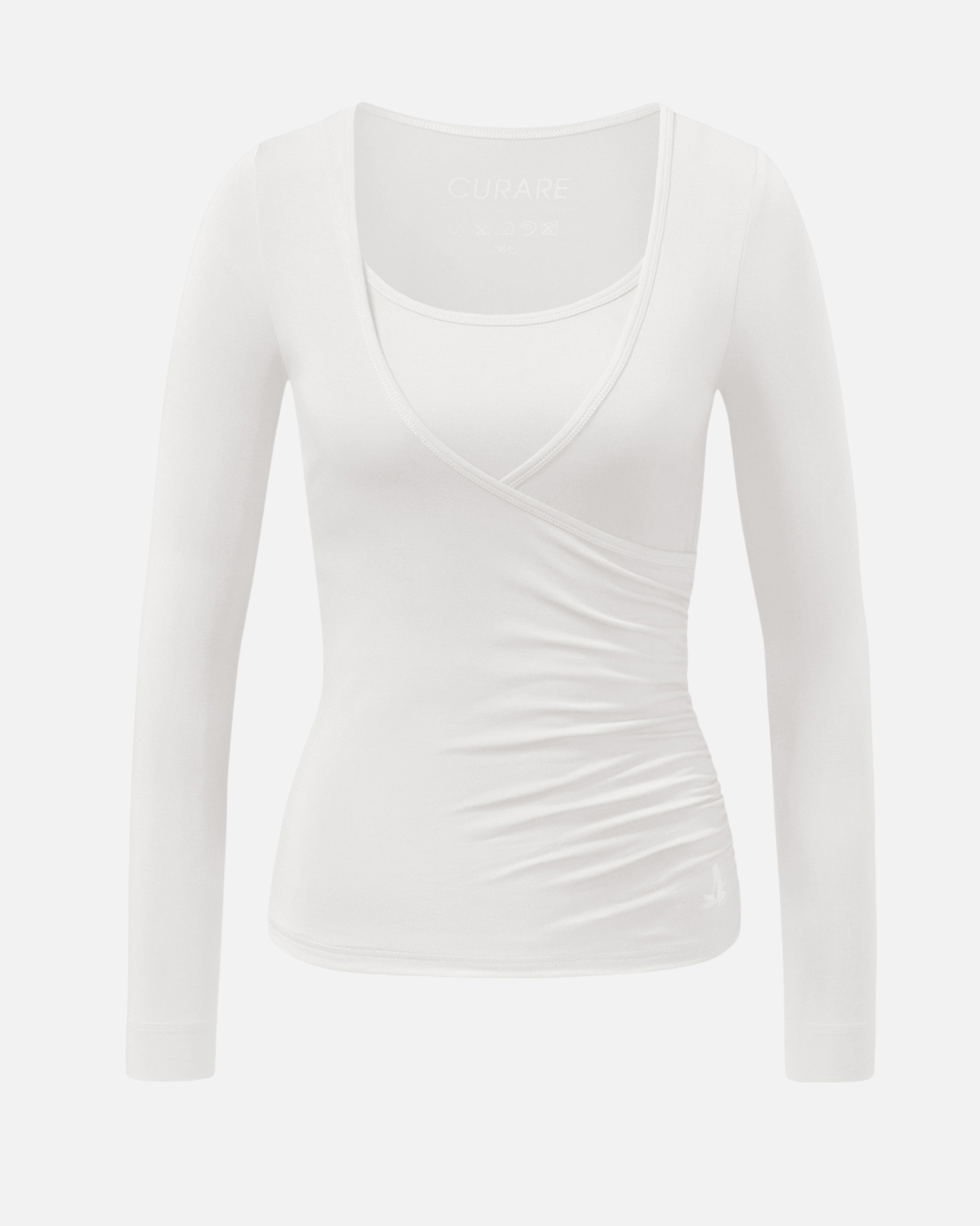 greenyogashop weißes Langarm-Wickelshirt aus weicher Bambusviskose mit Rundhalsausschnitt
