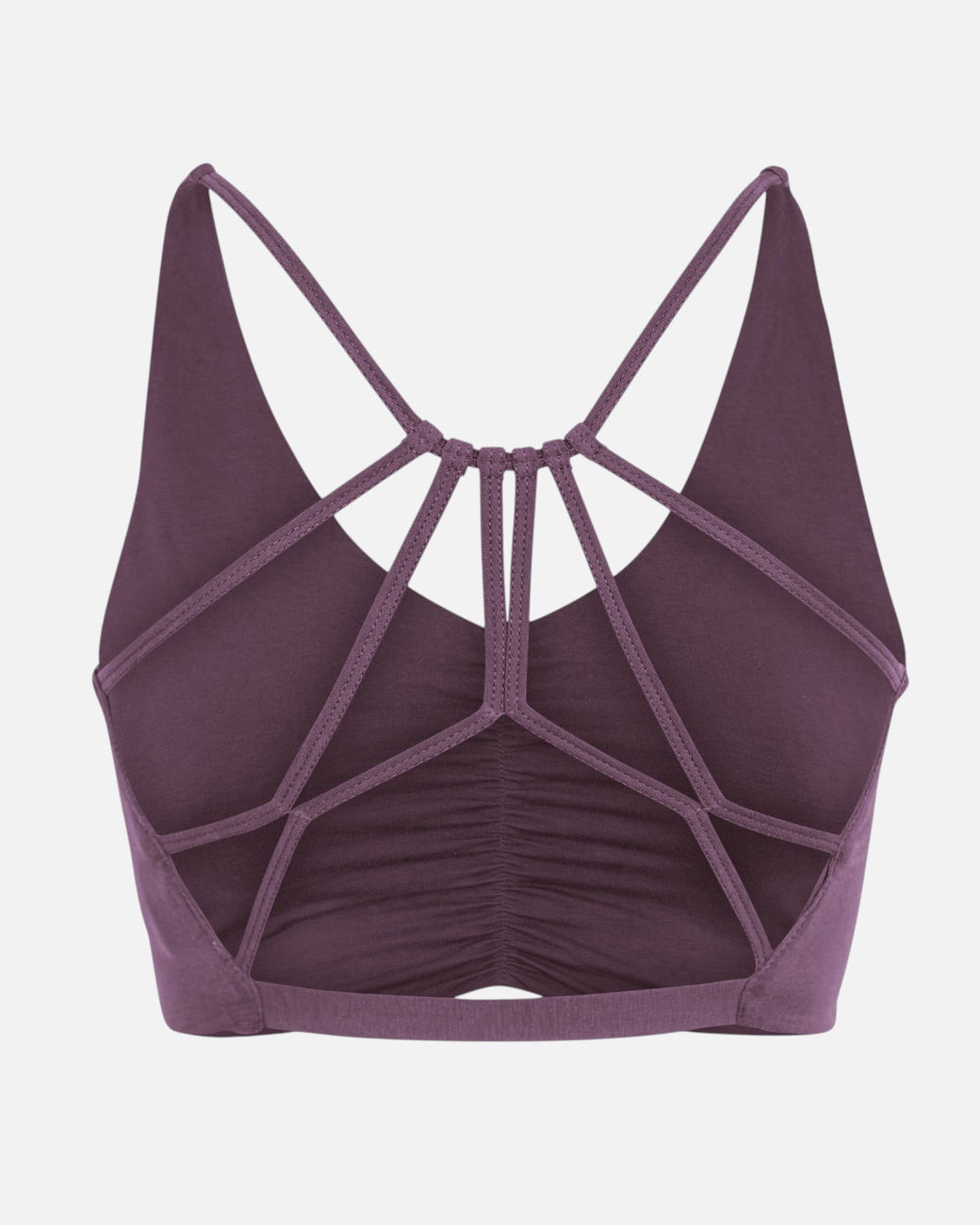 greenyogashop Bra Carolina in Pflaume aus Bio-Baumwolle mit gekreuzten Trägern am Rücken und Raffung