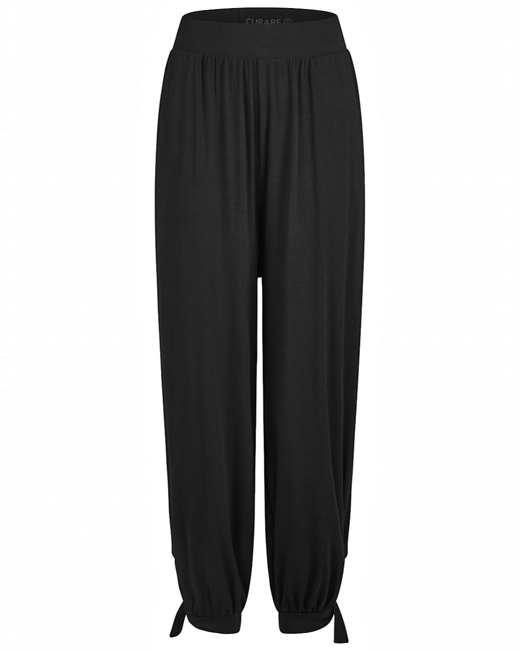Schwarze greenyogashop Wide Pants Loops aus weicher Bambusviskose mit elastischem Bund und Bündchen am Bein