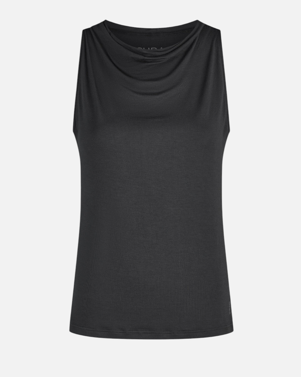 Schwarzes greenyogashop ärmelloses Top aus Bambus-Viskose mit fließendem Wasserfallausschnitt