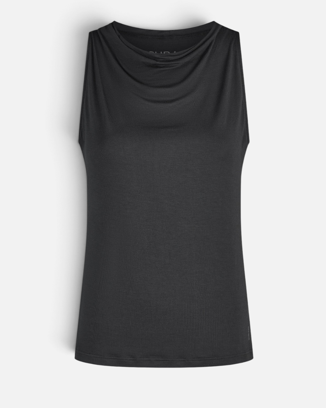 Schwarzes greenyogashop ärmelloses Top aus Bambus-Viskose mit fließendem Wasserfallausschnitt