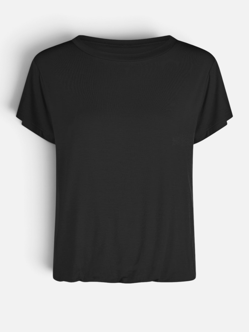 Schwarzes greenyogashop T-Shirt mit Rundhalsausschnitt aus fließendem Bambus-Viskose-Mix mit Teilungsnähten