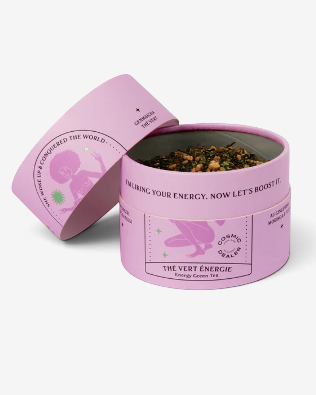 greenyogashop Cosmic Dealer Energy Tee mit Genmaicha, Ingwer und Tulsi in einer runden, pastellrosa Metalldose