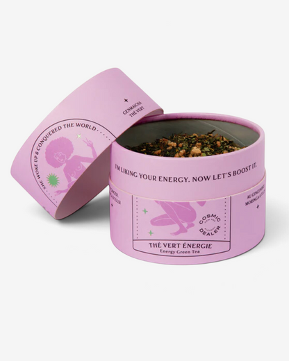 greenyogashop Cosmic Dealer Energy Tee mit Genmaicha, Ingwer und Tulsi in einer runden, pastellrosa Metalldose
