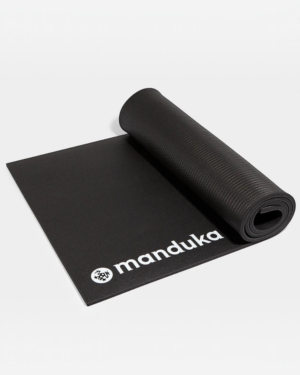 greenyogashop ENDURA Fitnessmatte in Schwarz mit 10 mm Polsterung und Manduka Logo für intensives Training