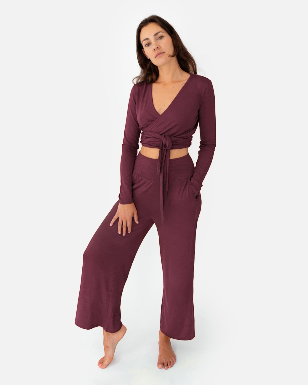 Amina Wrap Top Dark Cranberry – Model Full Shot – Lotuscrafts