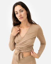 Amina Wrap Top Desert Sand – Model Front – Lotuscrafts