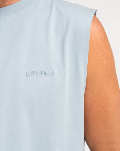 Stone Blue - Yoga Tank Top Model Shot Detail Logo Lotuscrafts