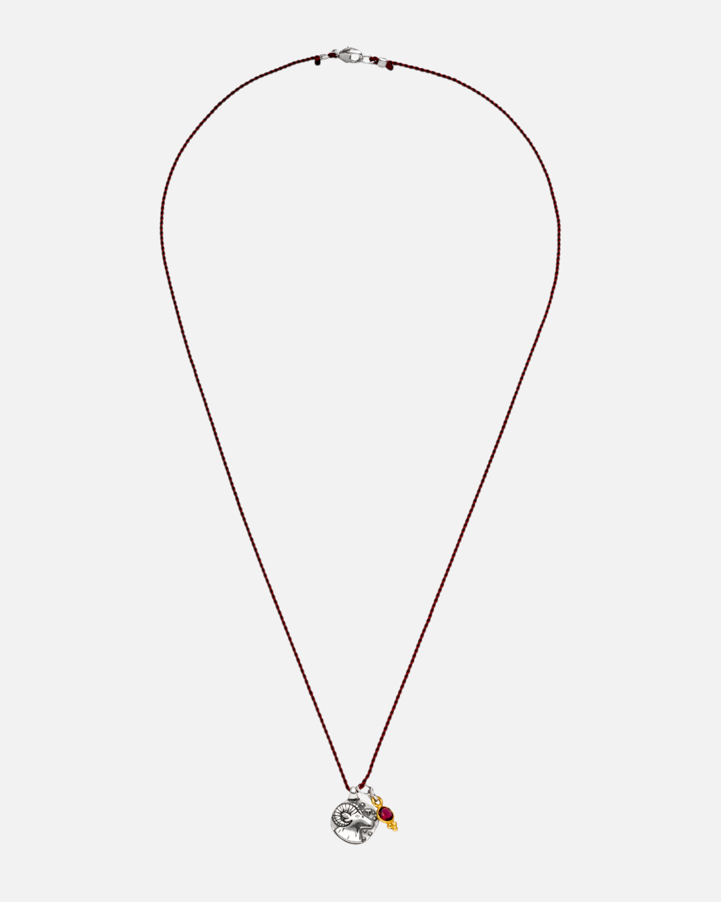 greenyogashop Sternzeichen Kette Widder aus Sterlingsilber mit Rubin an einer dunkelroten Schnur