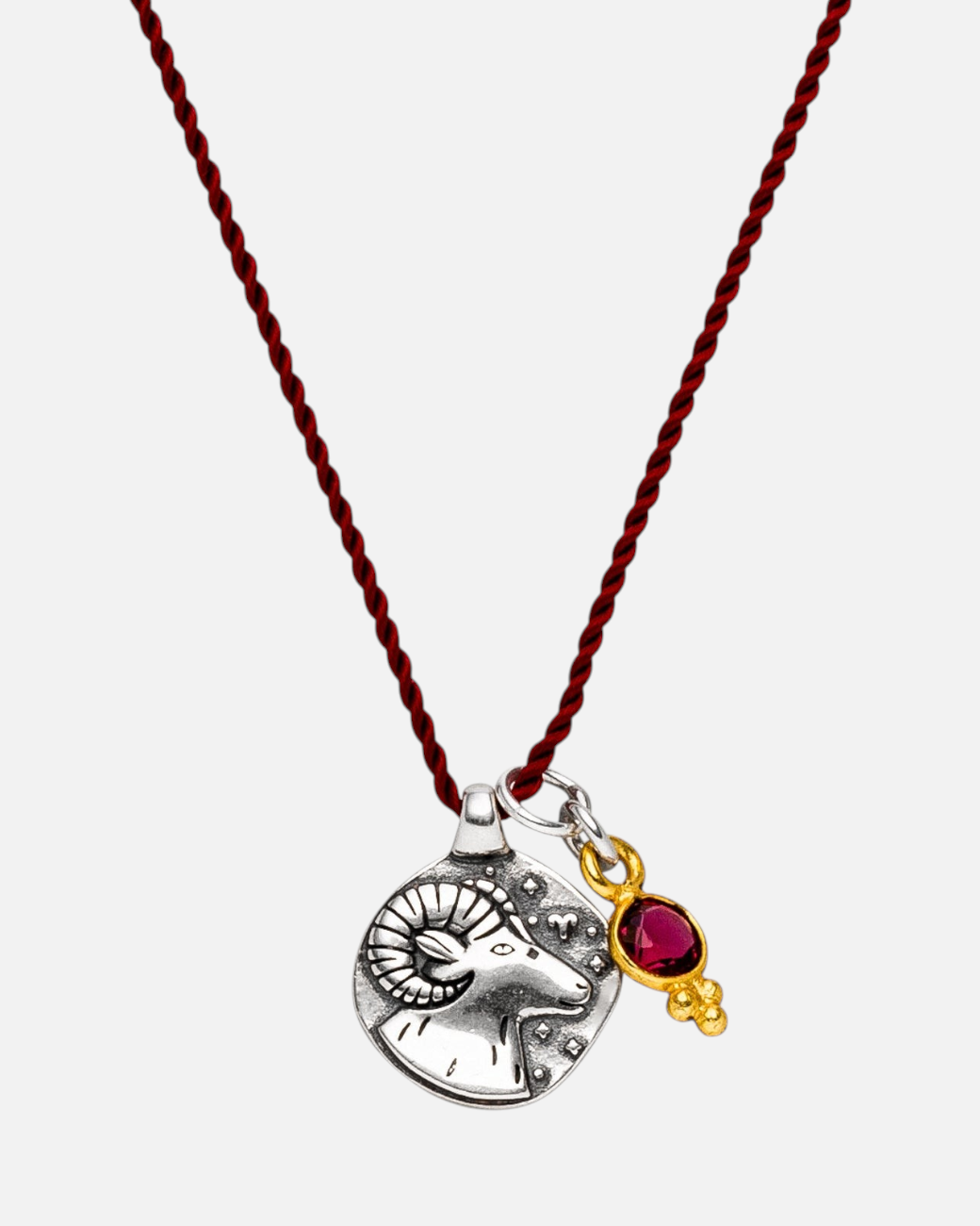 greenyogashop Sternzeichen Kette Widder aus Sterlingsilber mit rotem Rubin an einer roten Schnur