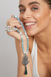 Mala Kette mit 925 Silber Ganesha Anhänger und Aquamarin und Morganit Edelstein. 100 cm lang.