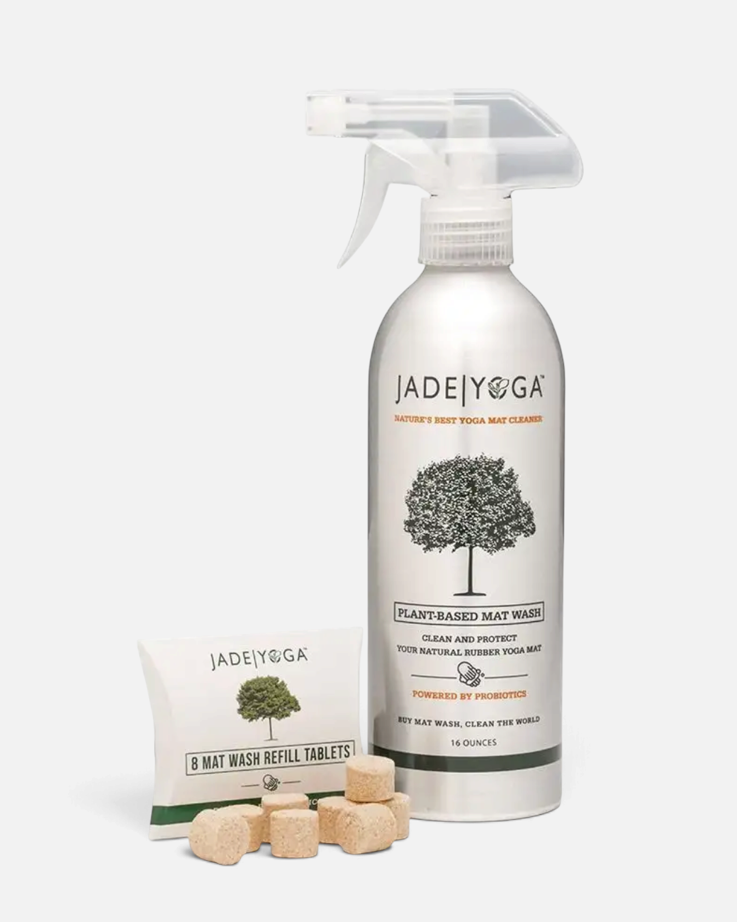 greenyogashop Jade Yogamattenreiniger in Sprühflasche mit acht Nachfülltabletten für Naturkautschukmatten