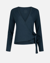 Dunkelblaue greenyogashop Aurora Wickeljacke aus weichem Bambus-Mix mit Bindeband und V-Ausschnitt für Yoga