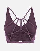 greenyogashop Bra Carolina in Pflaume aus Bio-Baumwolle mit gekreuzten Trägern am Rücken und Raffung