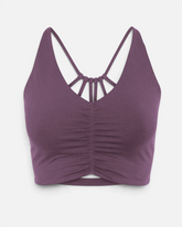 greenyogashop Bra Carolina in Pflaume aus Bio-Baumwolle mit Raffung vorne und gekreuzten Trägern am Rücken