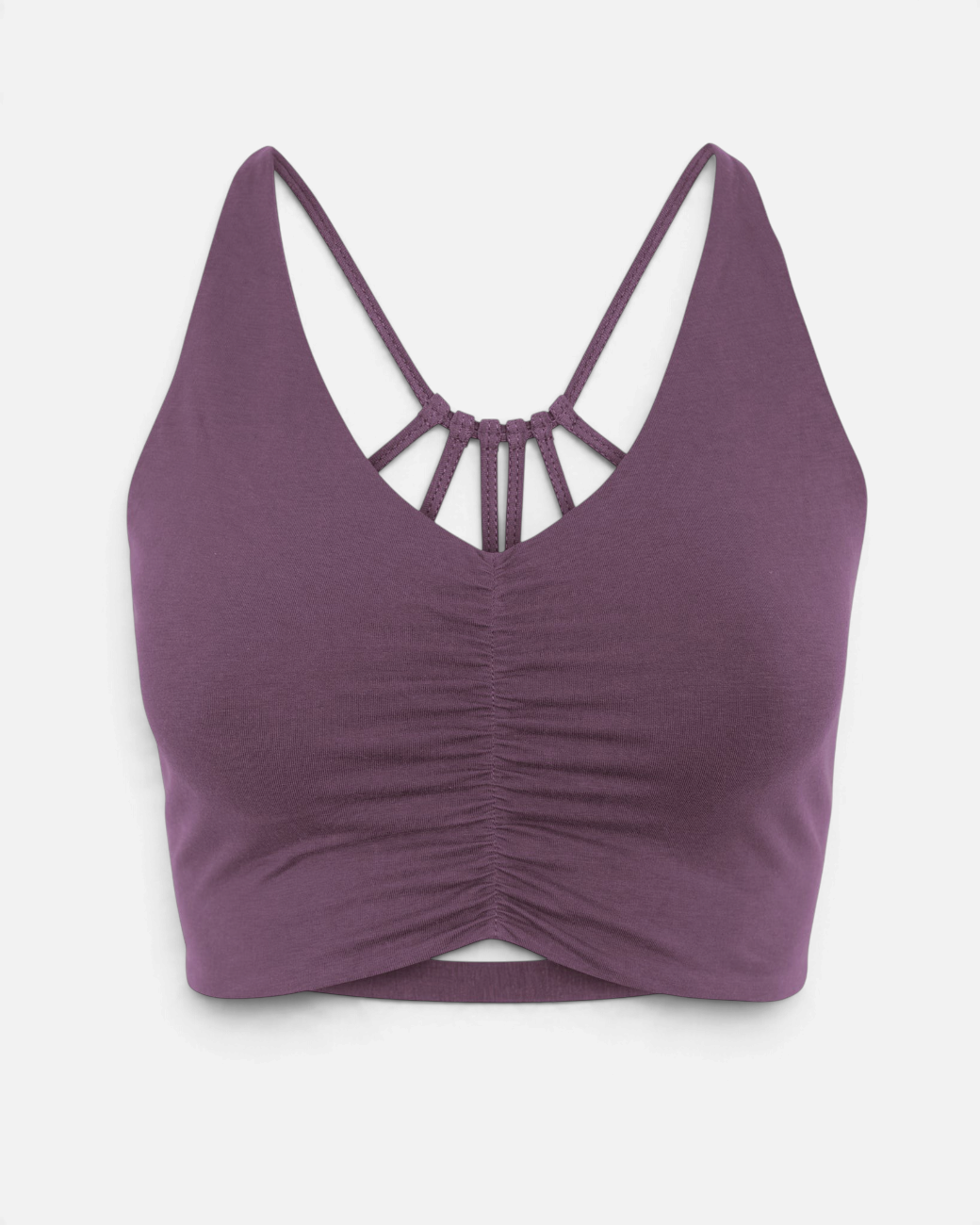 greenyogashop Bra Carolina in Pflaume aus Bio-Baumwolle mit Raffung vorne und gekreuzten Trägern am Rücken