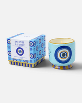 greenyogashop Keramik-Duftkerze Eye mit Weihrauch-Duft in blauem Gefäß mit Nazar-Auge-Motiv und passender Box