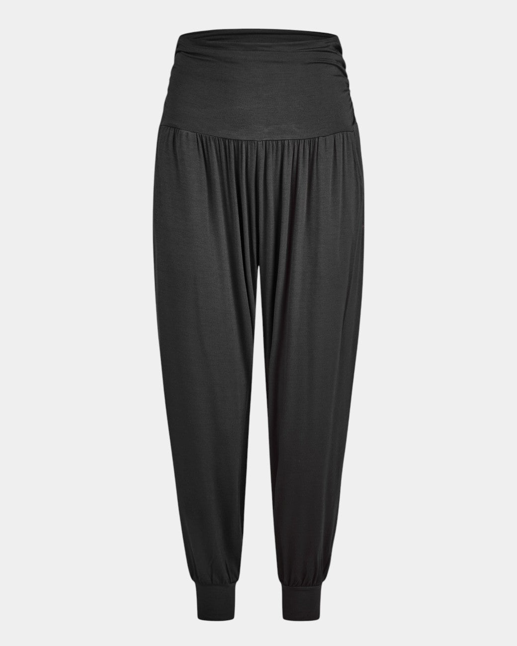 greenyogashop schwarze lange Yogahose Flow aus Bambusviskose mit breitem Bund und Bündchen am Bein